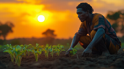 Fototapeta premium Gardener planting crops at sunset in a rural field with vibrant orange and yellow sky