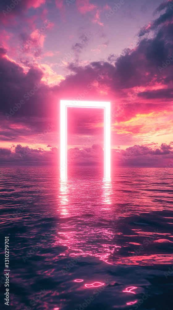 Aufkleber neon pink frame in calm ocean at sunset, reflecting on water surface, creating surreal and dreamy at