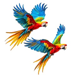 Obraz premium Flying macaw parrots, captured mid-flight with vibrant feathers The parrots are isolated on white background