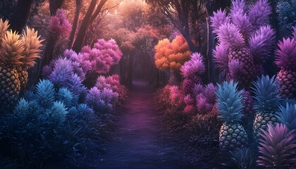Obraz premium A path through a surreal forest of colorful pineapples