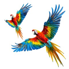 Fototapeta premium Flying macaw parrots, captured mid-flight with vibrant feathers The parrots are isolated on white background