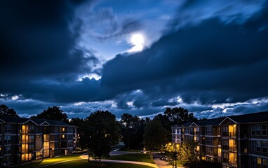 Fototapeta premium Nighttime view of an apartment complex under cloud cover illuminated by moonlight