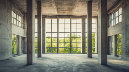 Fototapeta premium concrete hall featuring multiple columns that support a high ceiling, with giant windows abundant daylight to flood the space, creating a perfect frame for text, embodying minimalistic architectural