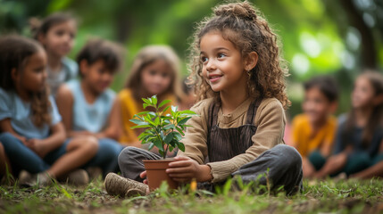 Young girl holding a small plant while surrounded by classmates in a lush outdoor setting during a nature-focused school activity
