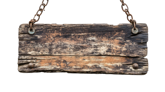 Weathered Wooden Sign Hanging from Rusty Chains