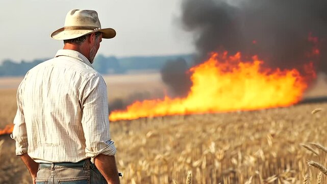 Professional farmer performing controlled burn in golden field