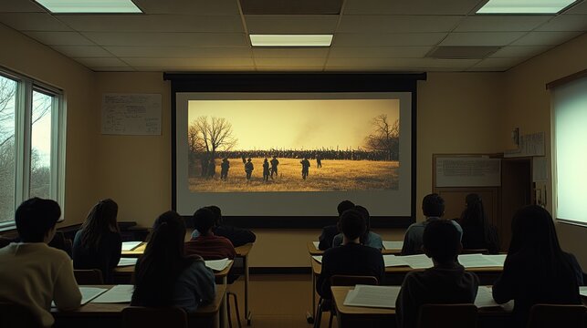 Students in a dimly lit classroom attentively watch a historical film projected on a large screen, surrounded by educational materials