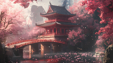 Fototapeta premium Asian temple surrounded by cherry blossoms, with floating petals adding a poetic touch. Poetic - Bridge. Illustration