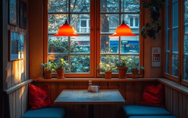Cozy cafe corner with warm lighting, plants, and inviting atmosphere during late afternoon hours