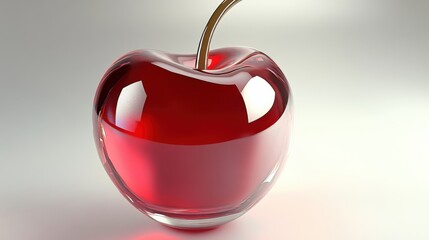 A glossy red cherry with a stem, reflecting light in a minimalist setting, creating an artistic and vibrant visual