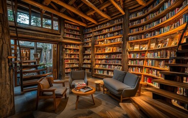 Cozy reading nook with wooden shelves filled with books in a rustic cabin setting during late afternoon