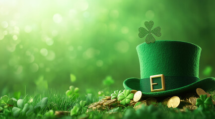 Leprechaun Hat with Gold Coins and Shamrocks in Green Meadow