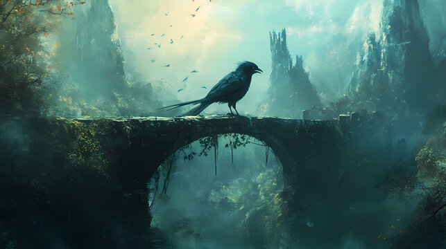 Enigmatic mockingjay bird symbolizing hope and rebellion in a dystopian landscape of survival and freedom. Poetic - Bridge. Illustration