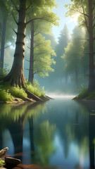 Serene Forest Stream - A peaceful stream flowing through a lush green forest, capturing the tranquil beauty of nature with soft sunlight filtering through the trees.