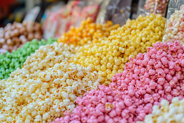 Fototapeta premium Collection of Popcorn Delights Cinema Snacks, Caramel Treats, and Floating Kernels, Generative AI