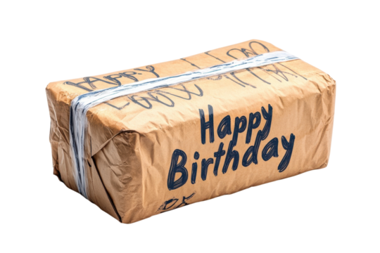 Birthday package wrapped in brown paper with cheerful message prepared for celebration