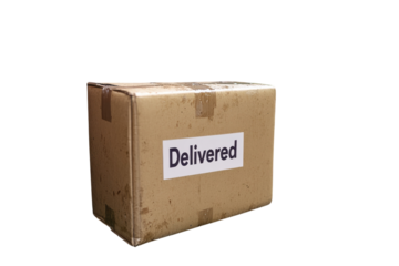 Cardboard box marked delivered sitting on a white background, symbolizing package arrival and online shopping convenience
