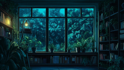 A room with plants and books, large windows overlooking the forest at night