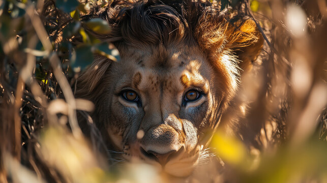 Lion rests among dense foliage in a sunlit savanna, blending seamlessly with its natural habitat during late afternoon hours