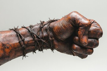 Fototapeta premium Strength and Resilience: Barbed Wire Fist - A Symbol of Defiance and Overcoming Struggle in Modern Art Representation