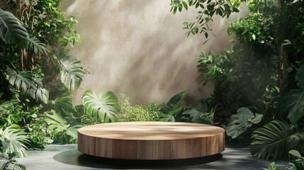 A stylish wooden podium with a natural finish,  outdoor-inspired  lush green foliage, bathed in soft natural lighting, designed as a  pedestal for showcasing eco-friendly or organic product presentati