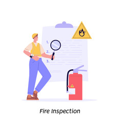Fire safety control vector illustration. Firefighter inspector checking firefighter equipment, fire extinguisher box, alarm system. Concept of fire fighter inspection checklist, alarm system button