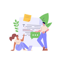 Editing document with text. Correcting grammar mistake with red marker. Teacher fix page text errors. Concept of text editing, grammar edit, correcting mistake. Vector flat cartoon illustration
