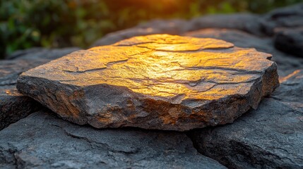 Fototapeta premium A sunlit rock glistens on a textured surface amidst a natural backdrop