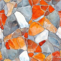 Abstract seamless pattern of orange, gray, and white mosaic stones.