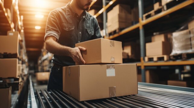 man working in a shipping box warehouse