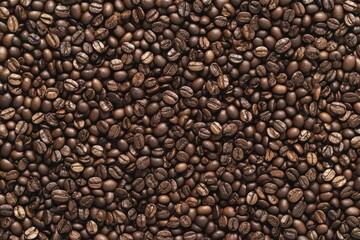 Obraz premium A close-up view of a pile of rich, dark coffee beans resting on a wooden table surface.