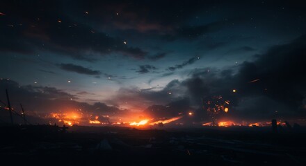 Distant city lights glowing on horizon at night. Dark moody landscape with starry sky. Atmospheric nighttime scenery for book cover or wallpaper. Twilight cityscape.