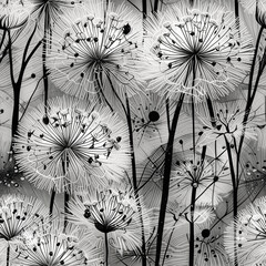 Dandelion pappus seedpod black and white graphical botanical drawing monochrome seamless repeating pattern