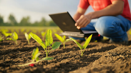 Digital agriculture professional working on laptop amid farmland, leveraging technology for precision crop management