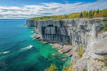 Obraz premium A rugged cliff rises above a tranquil body of water, showcasing dramatic rock formations and serene views.