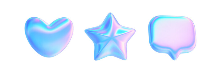 3d hologram shape. Y2k heart, star, speech bubble set icons. Balloon objects blue pink futuristic liquid gradient. Vector trendy holographic illustration