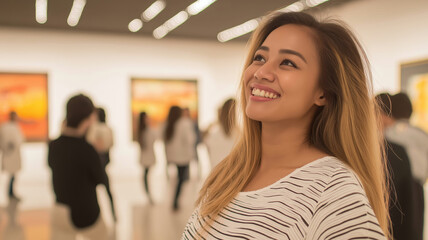 Obraz premium Young woman smiling, listening attentively to guide amid blurred visitors inside contemporary art gallery interior