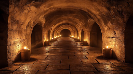Mysterious underground corridor illuminated by candles in a historic stone structure at dusk
