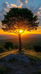 Tree Sunset hilltop, overlooking landscape