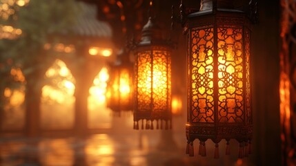 Ornate lanterns illuminate ancient Asian path