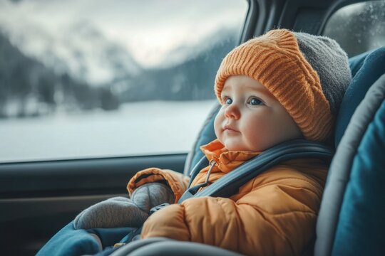 Baby sitting in a car seat peacefully sleeping in a bustling city street urban life outside serene inside concept of childcare services and family-friendly transportation companies