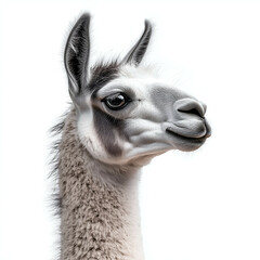 Obraz premium Llama Close-Up Portrait: Quirky Smiling Creature | Cute Domesticated Livestock Animal with Colorful Fur on White Background - Perfect for Animal Photography & Lovers