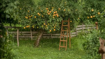 Obraz premium Ripe apples hanging from branches of tree in orchard with wooden ladder leaning against it, ready for harvesting