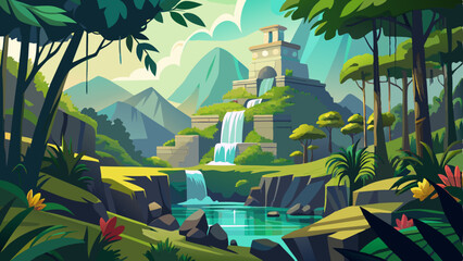 lush jungle landscape with ancient ruins and a waterfall