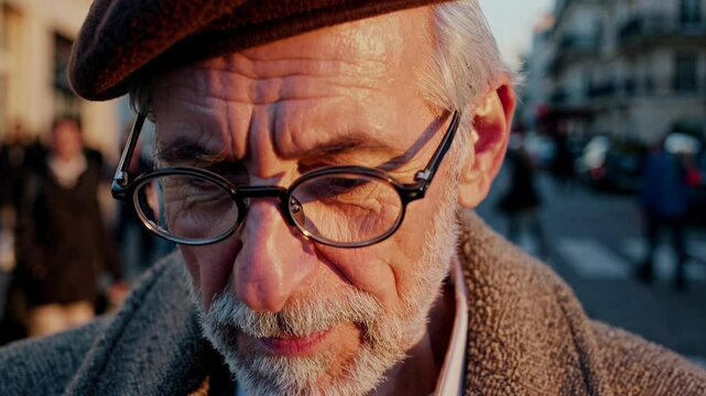 Reflective elderly parisian man wearing classic beret, resting on cobblestone street, soft golden light highlighting contemplative mood and aged wisdom