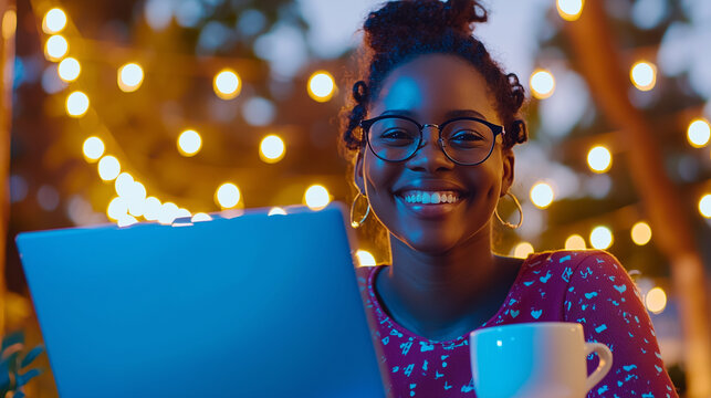 A Black woman writing in a café for her creative blog