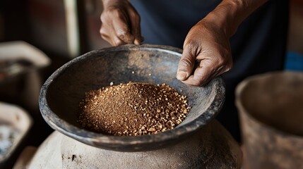 African Hands Grinding Brown Spice Mixture in Antique Wooden Bowl Rich Earth Tones Authentic Traditional Herbal Remedy Preparation Process Closeup    