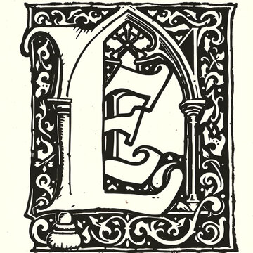 E, Gothic Uncial, vintage illustration