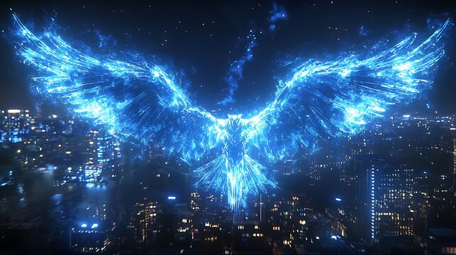 Luminous Blue Phoenix Soaring Cityscape Night Digital Art