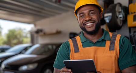 Smiling african american male mechanic in orange overalls, holding tablet in auto repair shop